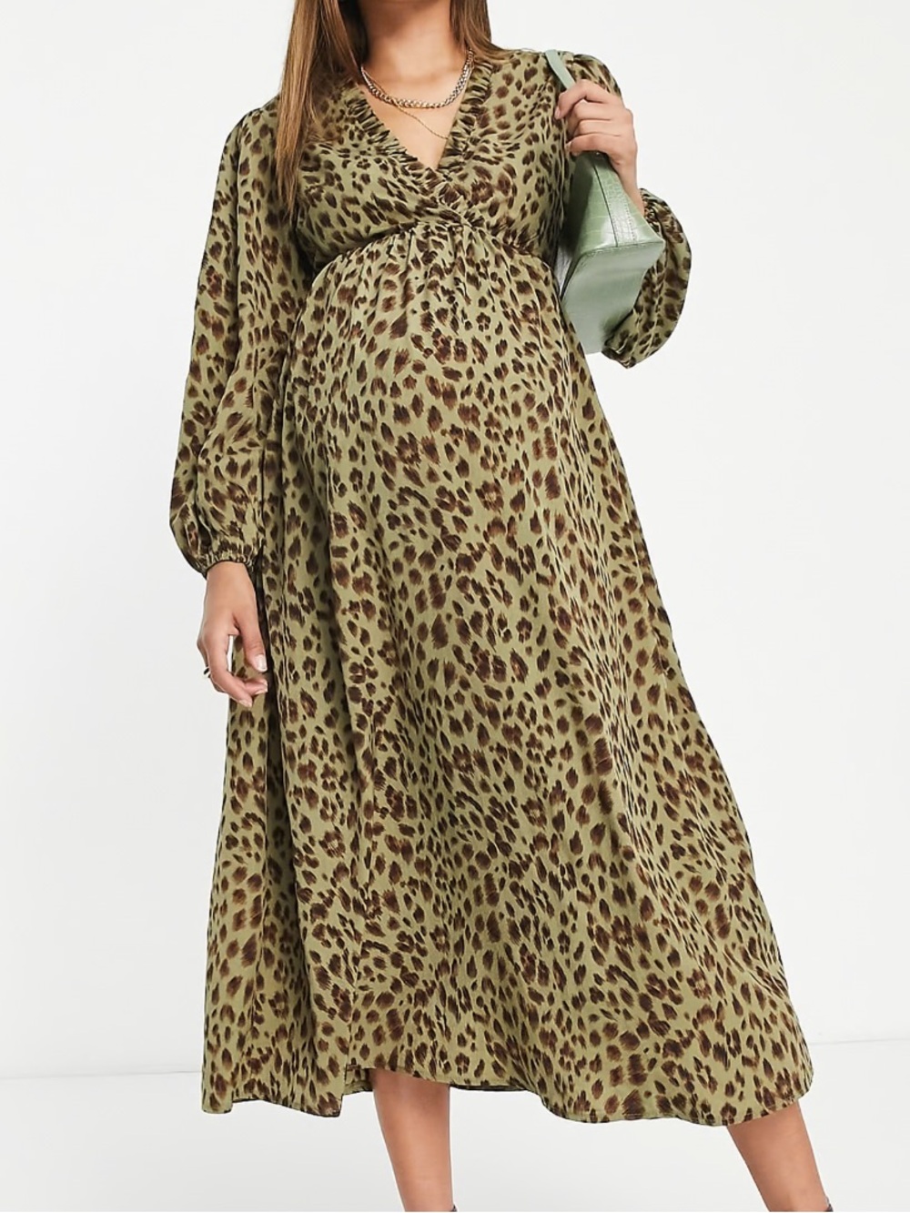 Missguided Olive Leopard Print Midi Maternity Dress